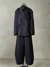 Women's Tailored Navy Blue Pinstripe Suit Set - Oversized Fit, Wide-Leg & Comfortable Elastic Waistband